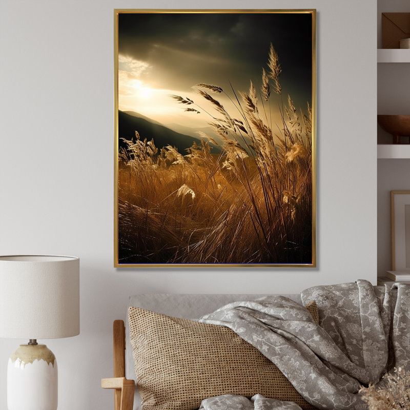 «Beachgrass In Motion At Sunset I», reproduction d'art sur toile, H 20 po x l 12 po x P 1 po, Cadre flottant doré