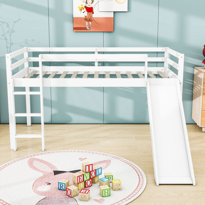 Twin Low Loft Bed With Slide, Ladder And Guardrails, White