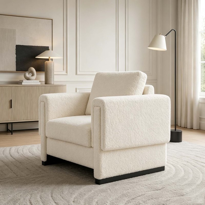 Fauteuil d'appoint rembourré avec accoudoirs en bois massif, fauteuil club carré en tissu avec coussin épais Boucle, fauteuil d'appoint moderne