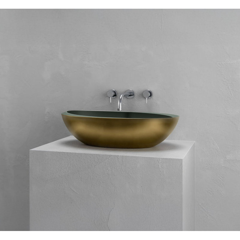 Vast Studio 24” L x 13.8” W Aged Brass/Green Vessel Sink – Oval Countertop Basin with Smooth White Interior, Metallic Luxury Finish & Modern Spa-Inspired Sculpted Design