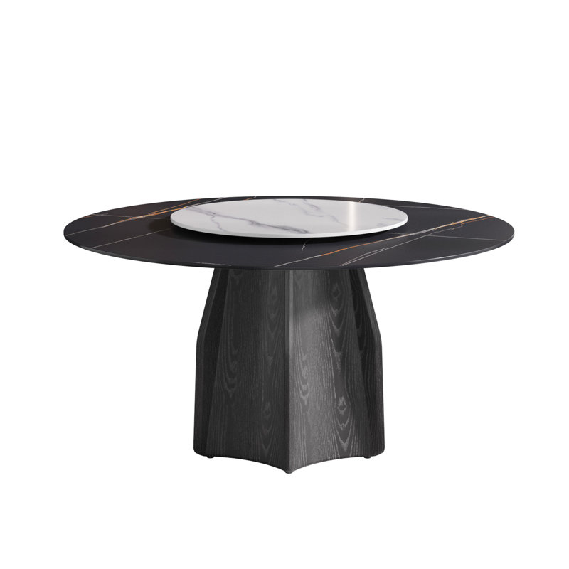 Table de salle à manger ronde en marbre 58,05 po avec base noire, disque rotatif blanc de 31,5 po, pouvant accueillir de 6 à 8 personnes, et avec disque en bois massif stable de 58,05 po pour un nettoyage facile