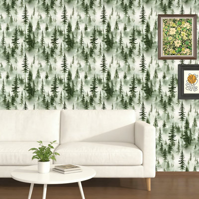 Foggy Forest Peel And Stick Wallpaper - Self-Adhesive Waterproof Vinyl With Misty Pine Trees Design For Walls, Furniture, And Cabinets