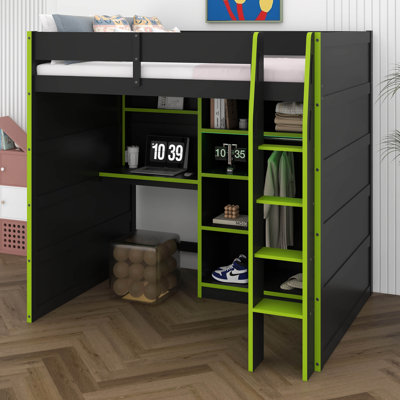 Lit mezzanine double avec bureau, lit mezzanine avec garde-robe ouverte et compartiments de rangement, cadre de lit multifonctionnel avec lumières RVB