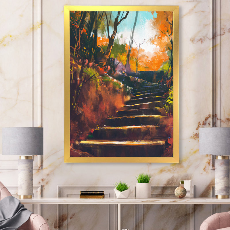 Stone Stair Path In Autumn Forest - reproduction d'art sur toile traditionnelle, H 45,5 po x l 34 po, Cadre doré