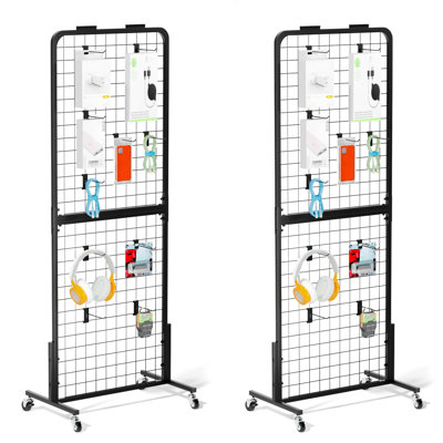 Grid Wall Panels Display Stand - Metal Shelving With 30 Hooks For Vendor Events Art Panels Heavy Duty Floor Standing Movable Detachable Retail Display Stand Wire Grid Tower For Easy Transport(2Pcs)