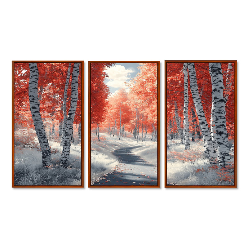Hiver, bouleaux rouges, forêt, Panorama I - ensemble de décoration murale forêt, Toile encadrée flottée blanche