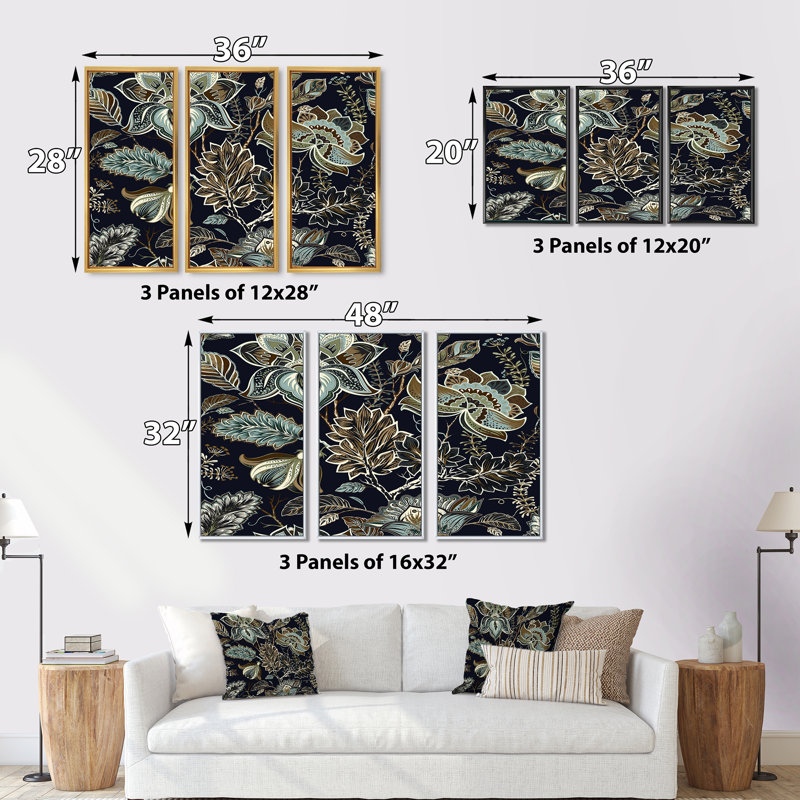 «Vintage Green Green Flowers In Provence Style», 3 pièces sur toile, H 20 po x l 36 po, Cadre noir