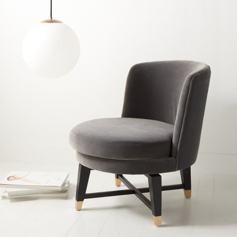 Charcoal Velvet Swivel Slipper Chair with Brass Accents