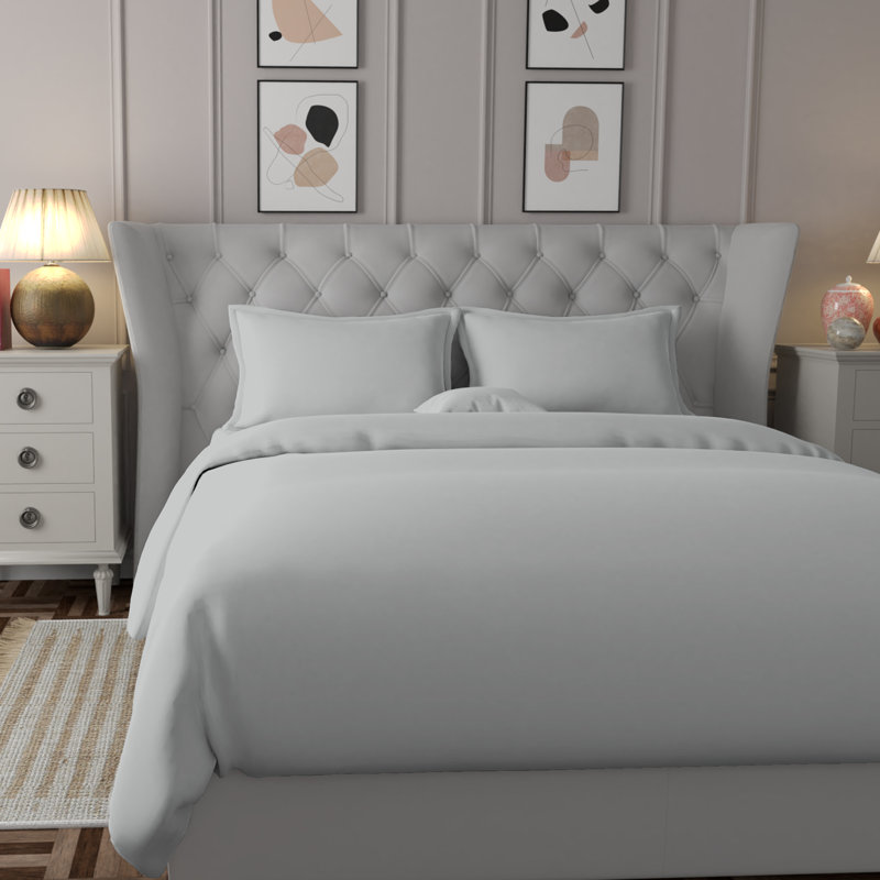 100% Cotton 400TC Cool & Crisp Percale Duvet Set, Light Gray, Queen Duvet Cover + 2 Shams