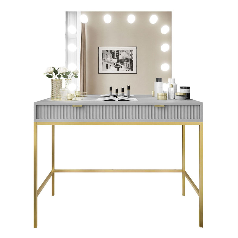 Anges Dressing Table with Mirror, Gray Matt/Gold