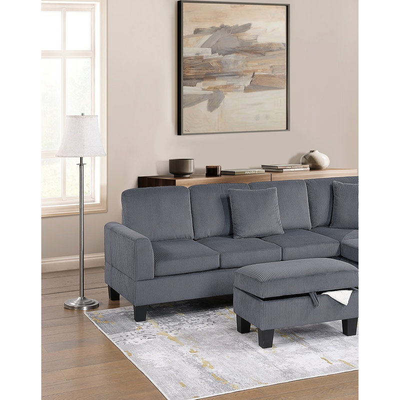 Canapé modulaire 3 pièces en velours côtelé gris foncé avec méridienne et rangement pour une maison contemporaine confortable