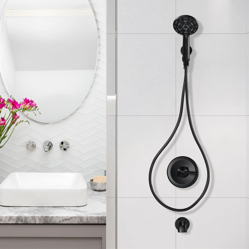 Single-Handle 7 -Spray Wall Mount Shower Faucet with Bathtub spout in Matte Black, Matte Black