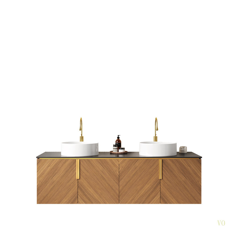 Meuble-lavabo 60 po avec lavabo, armoire de rangement murale flottante en contreplaqué avec 4 portes, 2 lavabos ronds en céramique et comptoir Sinte Stone