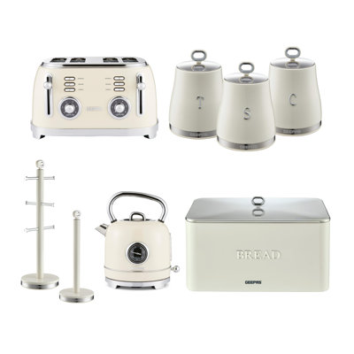 GEEPAS Retrovive 1.8L Electric Kettle, 4 Slice Bread Toaster, Set of 3 Tea Coffee Sugar Canister, Bread Bin, Mug Tree & Towel Pole Set of 8 PC Matching Kitchen Counter Storage Space Saver Set