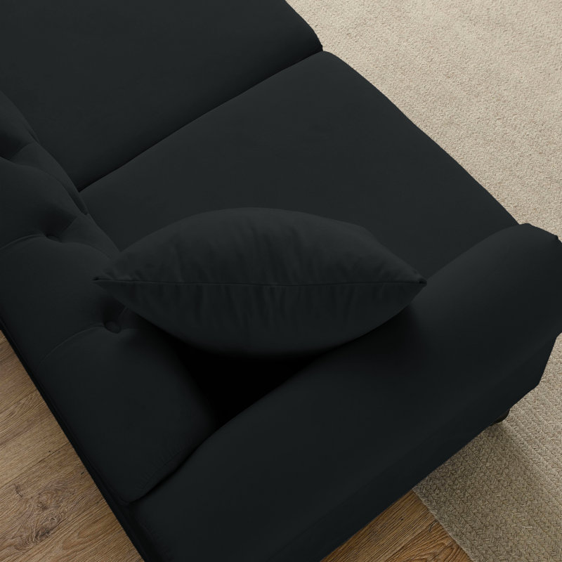 Gurnsey Velvet 2-Seater Sofa with Rolled Arms & Pillows, Black, 32" H x 79" W x 30" D