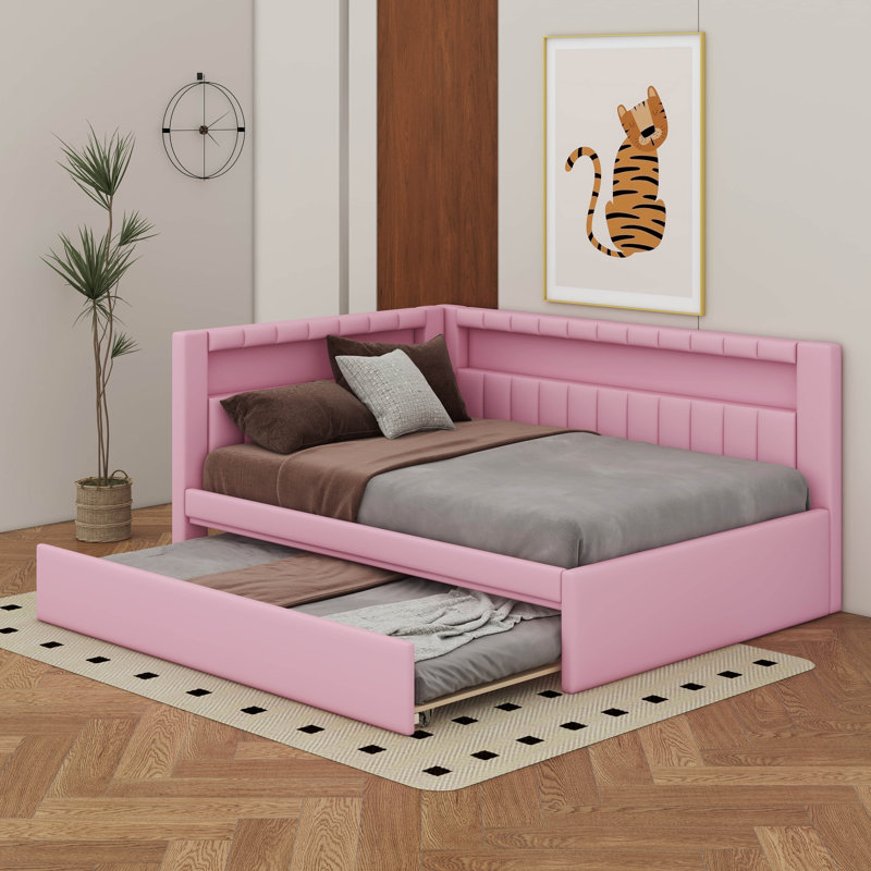 Lit plateforme tapissier avec ports USB, ceinture à DEL, Lit double, Rose