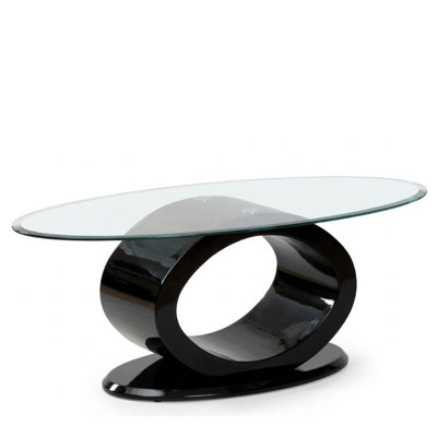 Vanna 47 In. Black Oval Glass Coffee Table With High Gloss O-Shape Pedestal Base