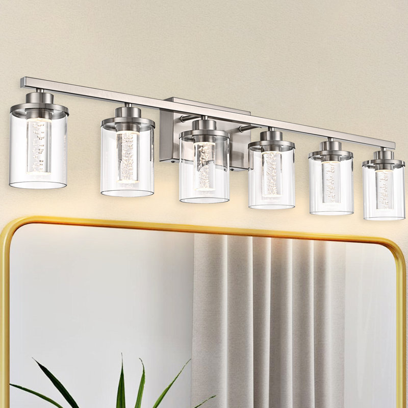 Luminaire de salle de bain 6 lumières pour salle de bain, abat-jour en verre transparent, bulle de cristal, lumière de meuble-lavabo à DEL à intensité variable. (Ampoules à DEL intégrées incluses)