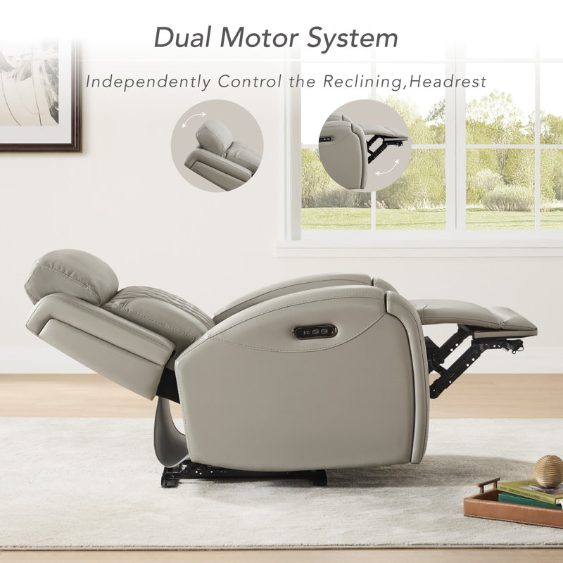 Top Grain Leather Dual-Motor Lay-flat Recliner with Power Headrest, Light Gray