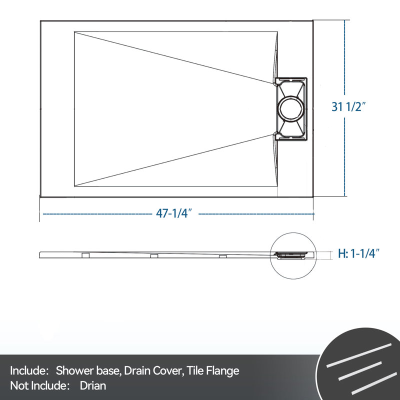 48" W X 32" D Rectangular Shower Base, Marble Grain, White