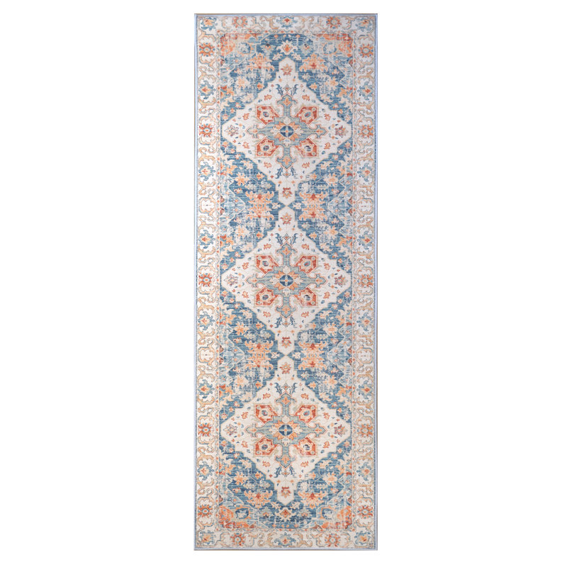 8X10 Modern Distressed Heriz Machine Washable Area Rug with Built-in Padding and Non-Slip Backing, Runner 2'6" x 8'