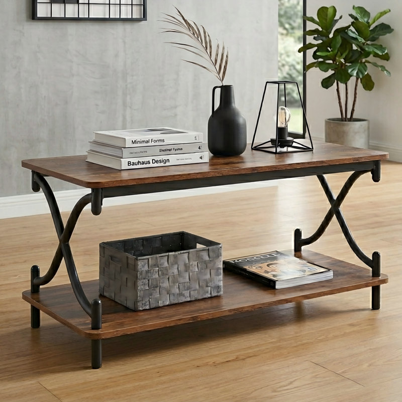 Kempst Coffee Table with Storage Shelf, Rustic Farmhouse Brown Cocktail Table with Metal Frame, 2-Tier Wood and Metal Frame Accent Table for Living Room, Apartment, or Small Spaces