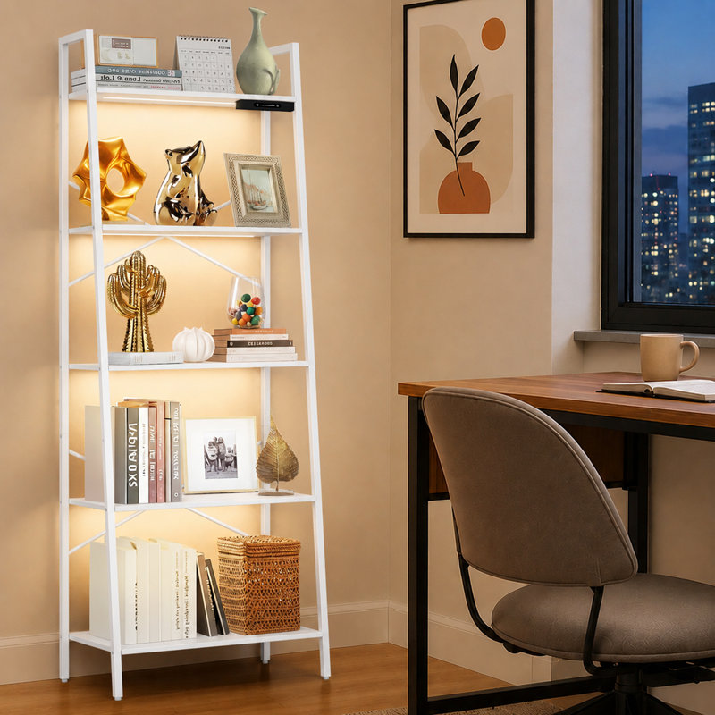 5-Tier Metal Ladder Bookcase with Lighting, White