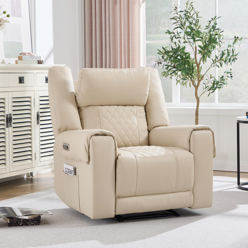 37.8" Wide Modern Top Genuine Leather Dual Motor Power Recliner With Adjustable Headrest And Cupholders, Cream Ivory