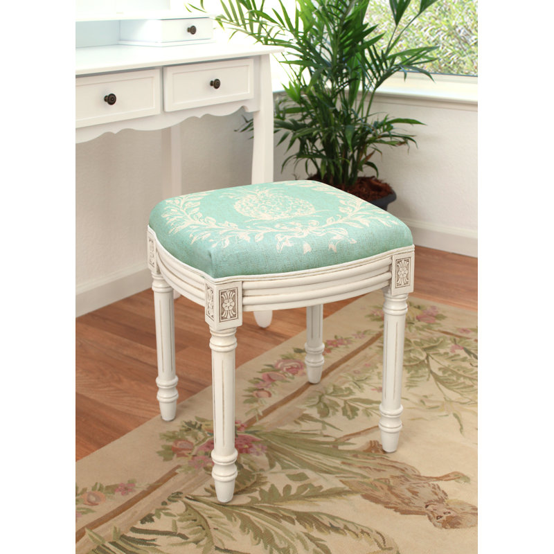 Tabouret de coiffeuse en lin brun clair et ananas, Blanc antique, Aqua