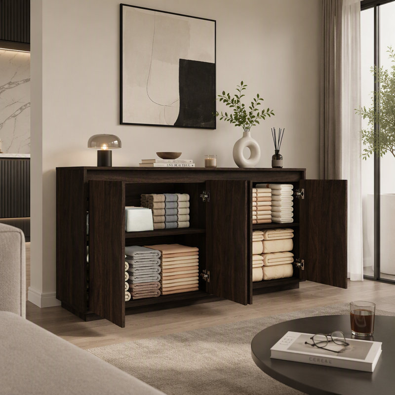 Buffet en bois à 4 portes avec prise électrique, meuble d'appoint à texture verticale ondulée sans poignées, Noyer
