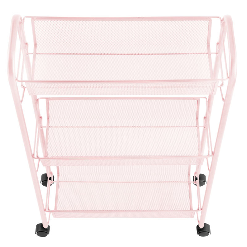 Blush Pink Steel 3-Tier Rolling Laundry Cart with Shelves