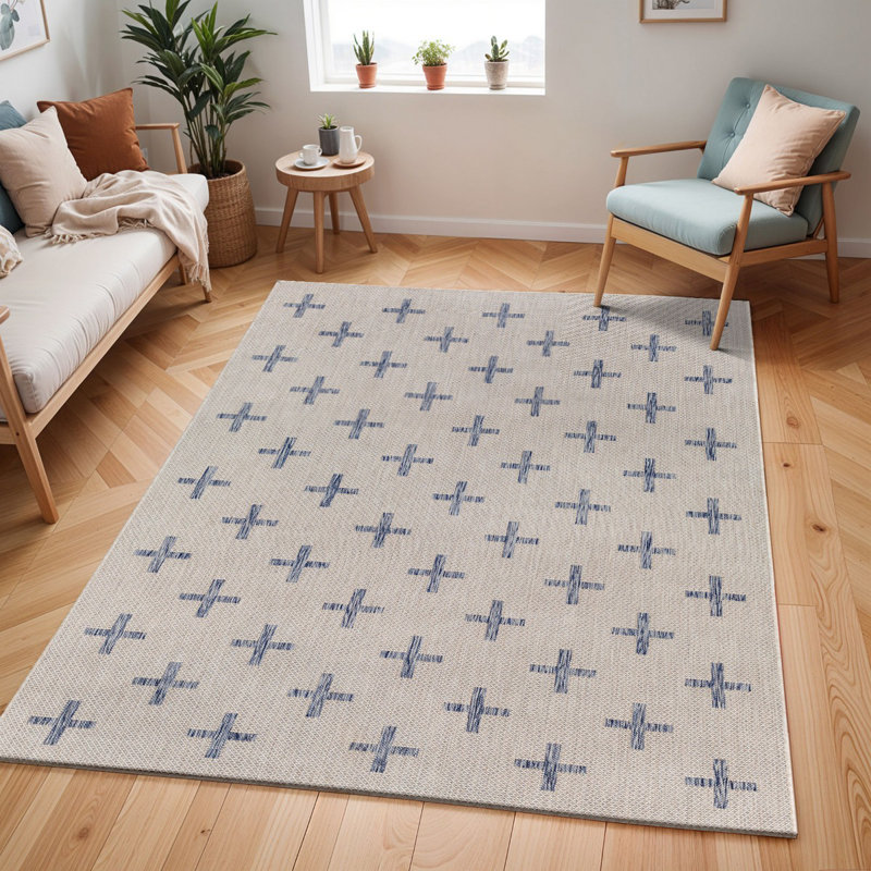 Blue Modern Shaggy Outdoor Rug, Geometric Easy to Clean Rug For Patio, Balcony, Decks & Garden, Rectangle 200 x 275 cm