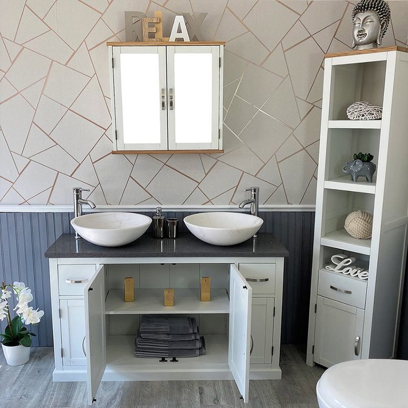 Buskirk 1230mm Bathroom Vanity with Vessel Stone Basin, White Marble, Grey Quartz