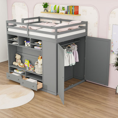 Full-size loft bed with wardrobe closet and led lighting,drawers