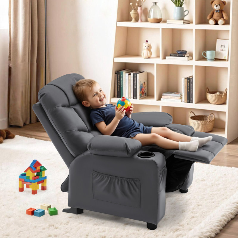 Goggans Kids Recliner with Anti-Tilt, Cup Holder, Gray