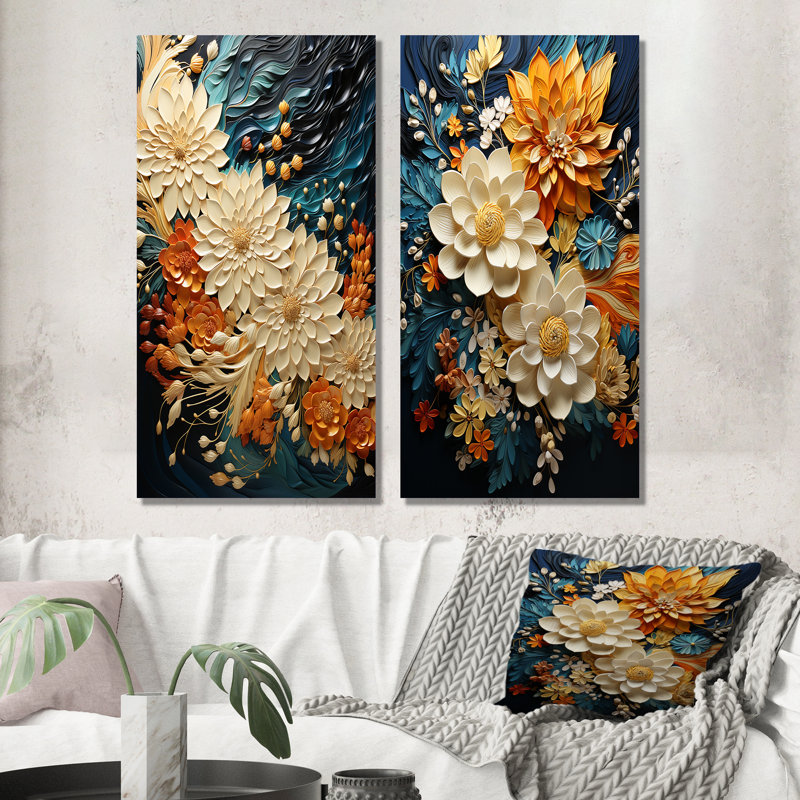 Tourbillon botanique orange sarcelle II - ensemble d'art mural abstrait de 2 art mural moderne pour la décoration intérieure