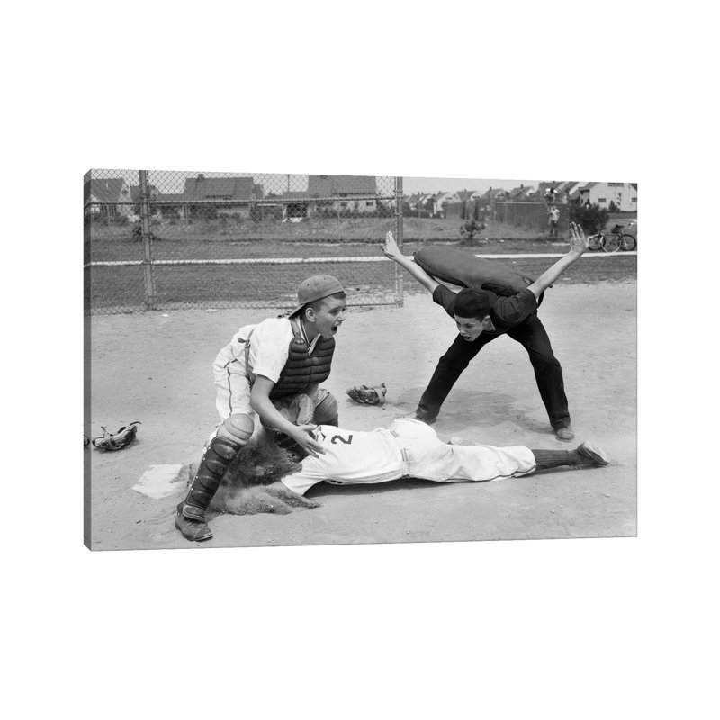 1950s Little League Umpire Calling Baseball Player Safe Sliding Into Home Plate - Wrapped Canvas Print