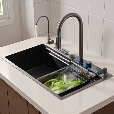 Black Stainless Steel Kitchen Sink, with Honeycomb Surface & Multi-Functional Accessory Set, Scratch-Resistant & Bacteria-Inhibiting, Modern Workstation Style