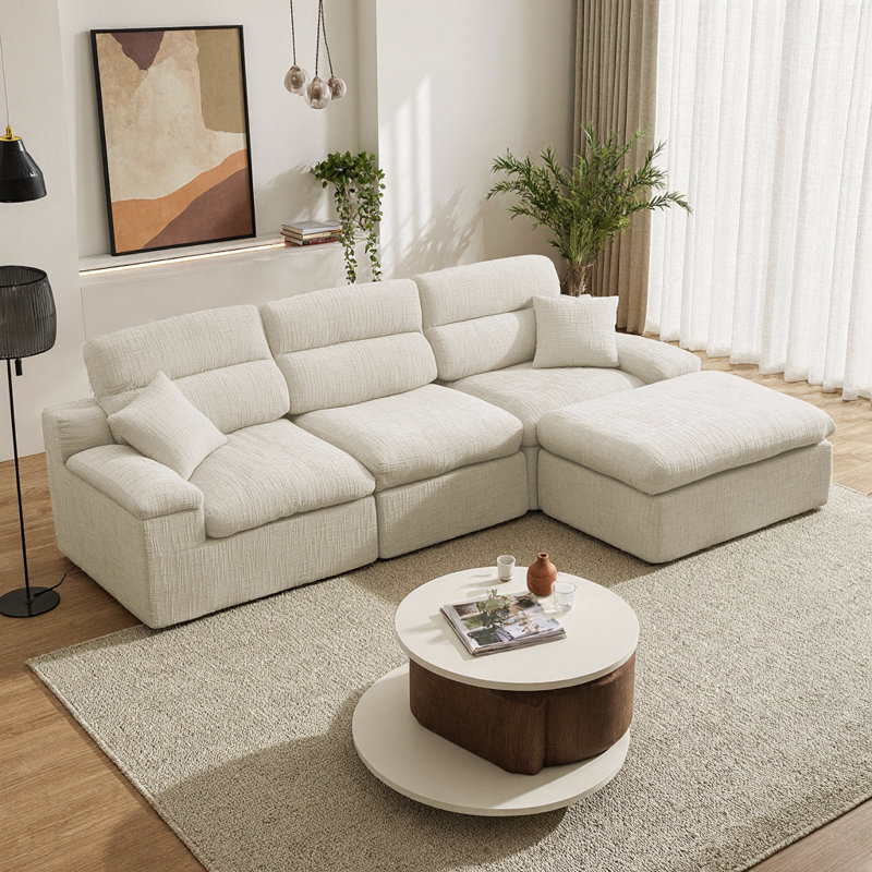Canapé d'angle en L avec dossier haut, tissu chenille moelleux flammé, Light Sage Green