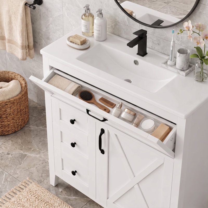 Meuble-lavabo moderne blanc de 76 cm avec lavabo, meuble-lavabo autoportant de style champêtre avec lavabo simple, 3 tiroirs, rangement inclinable, étagères de porte (robinetterie non incluse)