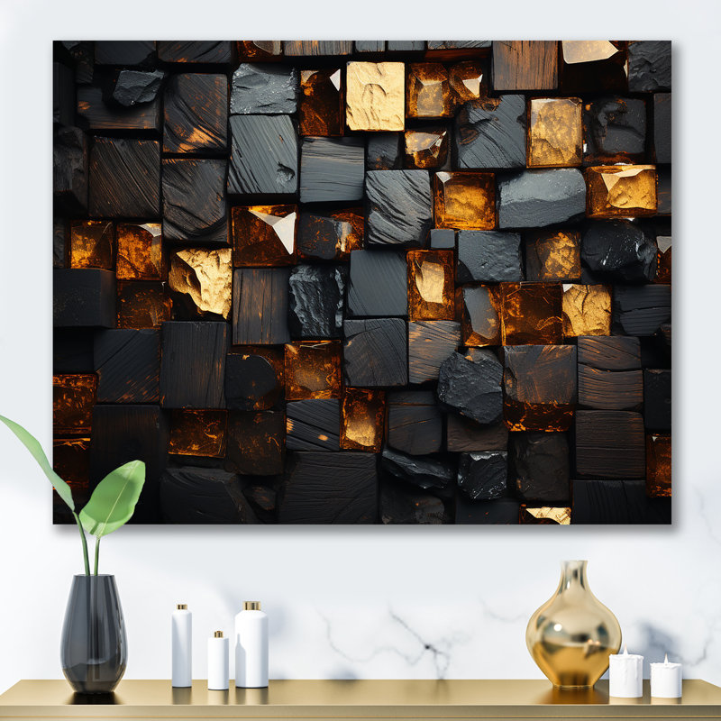 Cubes dorés abstraits géométriques III - art mural géométrique, Toile tendue, H 12 po x l 20 po x P 1 po
