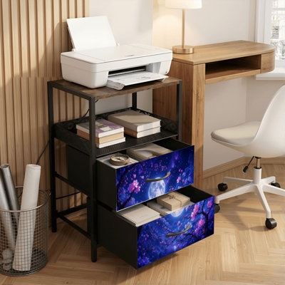 Table de chevet 2 tiroirs avec station de charge, table de chevet pour chambre à coucher avec ports USB, tablette ouverte noire, table de chevet avec motif de cerisiers en fleurs mauves