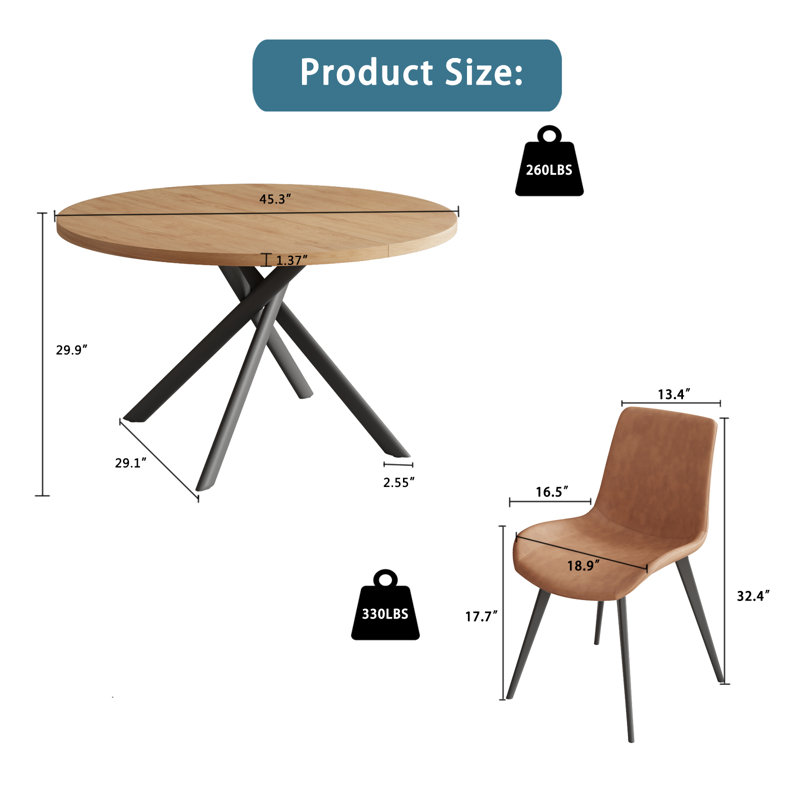 Table de salle à manger de cuisine moderne de 45,3 po l avec chaise de salle à manger h 32,4 po, Brun / Noir