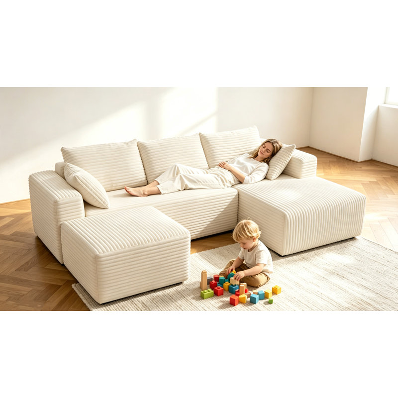 Boneless 92.4" Boneless Couch, Cloud Couch Sectional, Corduroy Sofa For Living Room, U Shaped Modular Sofa With Chaise, No Assembly