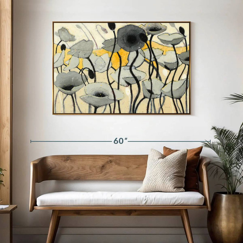 Fleur de jour de neige gris, 46 po x 31 po, Cadre flottant doré