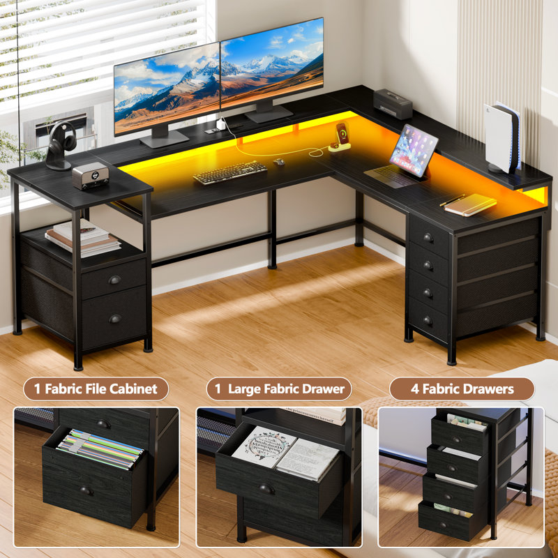 L-Shaped Computer Desk With Led Lights And Power Outlets, Gaming Desk With Monitor Stand,Home Office Writing Desk With 5 Fabric Cabinet And 1 Fabric File Cabinet
