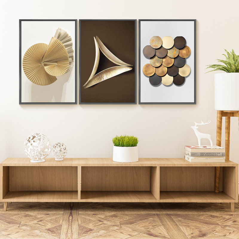 Cadre moderne abstrait encadré - ensemble de 3 reproductions sur toile, H 16 po x l 36 po x P 1,5 po, Noir