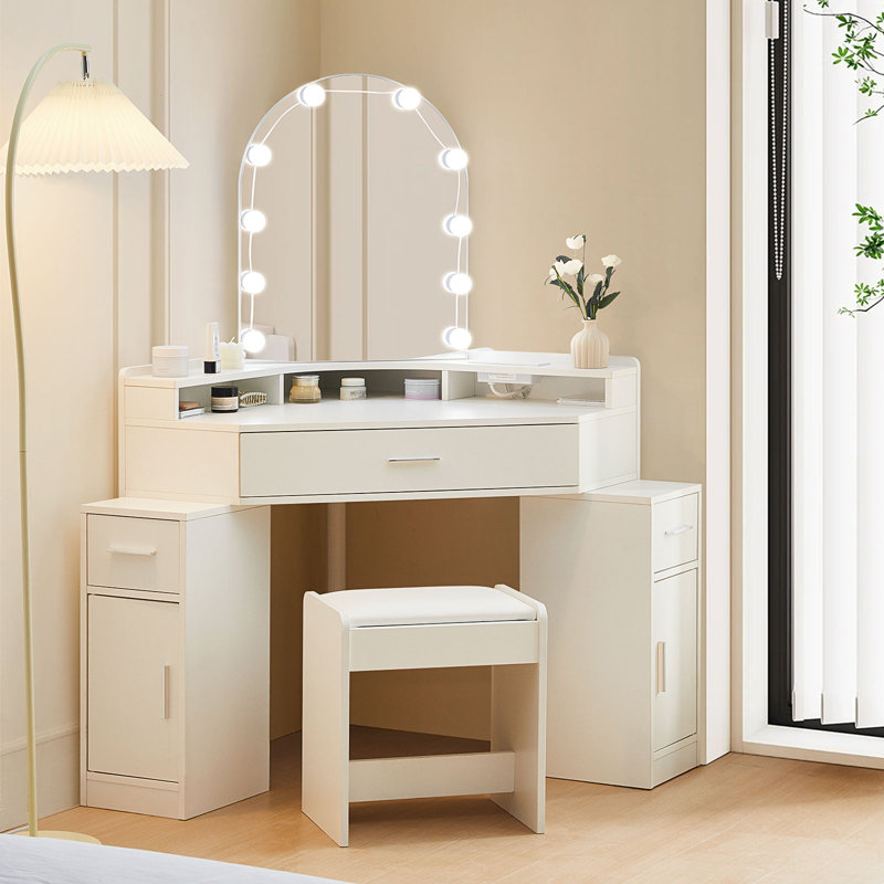 Corner Dressing Table with Stool, Makeup Vanity Desk with Charging Socket and LED Mirror