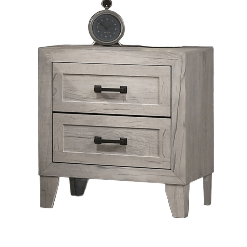 Table de chevet de style contemporain avec deux tiroirs et une poignée de barre noire, idéale pour ajouter élégance et fonctionnalité à votre chambre à coucher