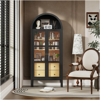 Modern Farmhouse Arched Cabinet With Glass Doors,72" Tall Auto Sensor Light Arch Storage Cabinet With Height Adjustable Shelf And 2 Drawers Display Bookshelf In Black Oak Wood Grain